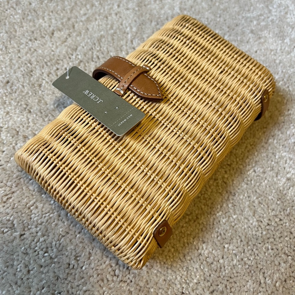 J Crew rattan clutch new with tags gold hardware tan faux leather strap